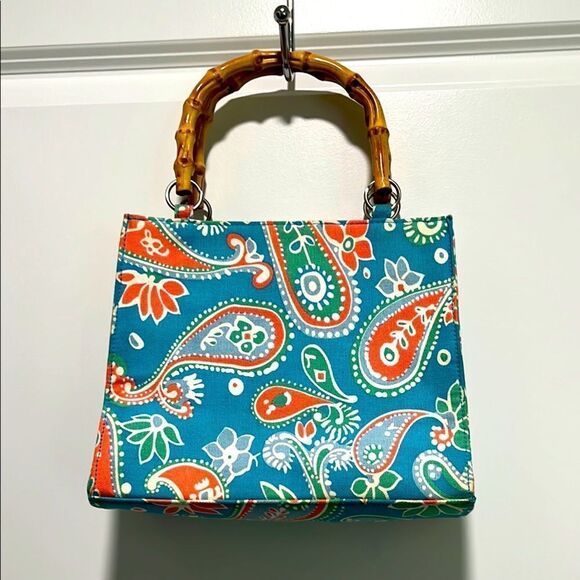 Sunny Hawaii Paisley Print Light Teal and Coral Handbag with Bamboo Handle VTG - Picture 1 of 9